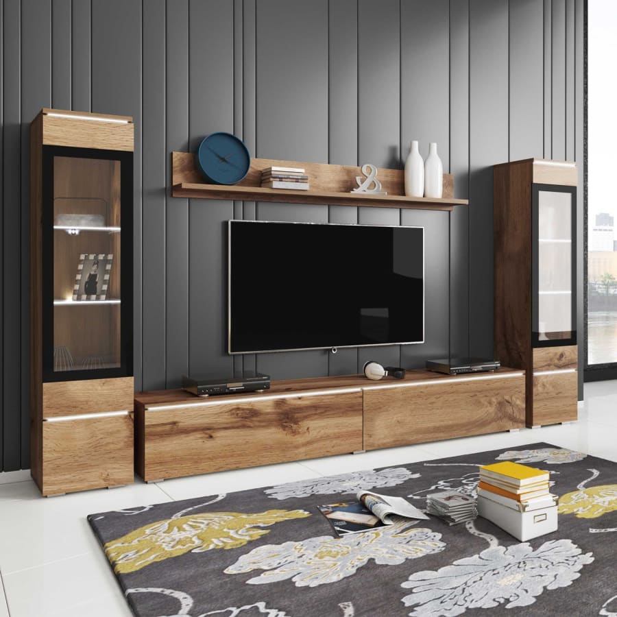 Meuble TV contemporain ch&ecirc;ne vieilli avec LED